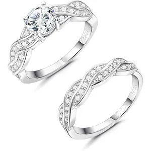 FINREZIO 2 Pcs Silvery Gorgeous 925 Sterling Silver Thumb Rings for Women Men Extremely Sparkling Jewelry Set for Wedding Engagement Birthday Gift Brilliant Surprise Rings Gift