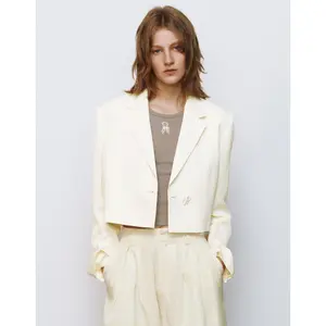 URBAN REVIVO Women's Clothes Lady Button-Front Minimalist Blazer - 2026 Thin Linen-Viscose-Acetate Blend, Notch Lapel, Long Sleeves, Cropped Straight Fit Formal Outerwear
