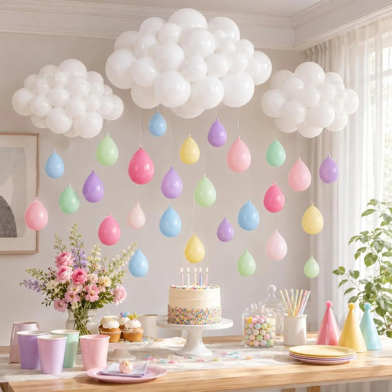 243 Pcs Cloud Balloon Garland Kit, Pastel Rainbow Raindrop Balloons With White Cloud, 5 10 12 Inch Macaron Latex Balloons For Baby Shower Birthday Classroom Rainbow Party Decorations