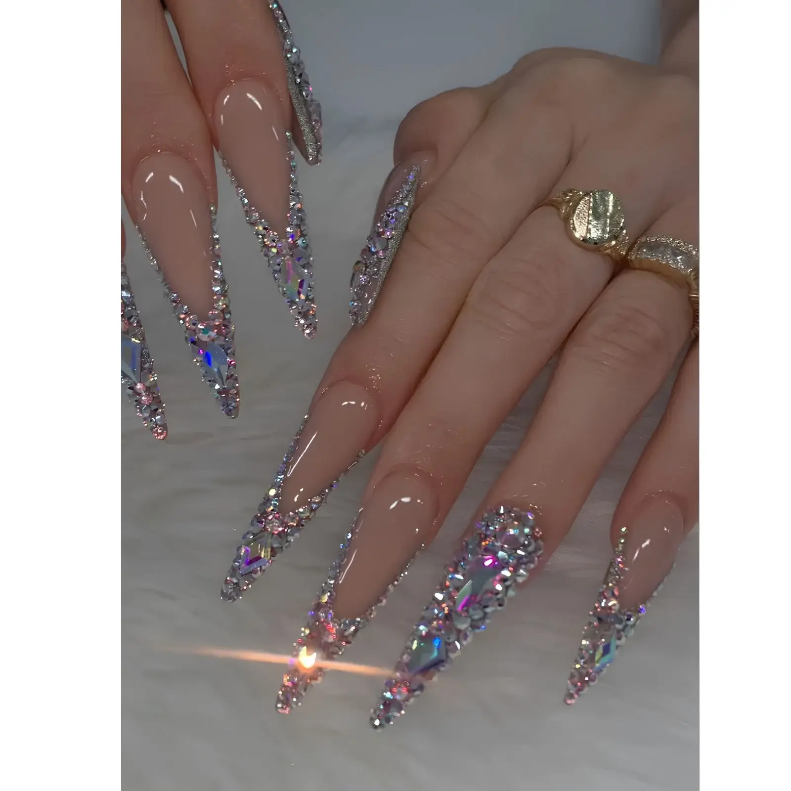 Luxury Nude Crystal Press On Nails | Long Stiletto Bling Nails | 3D Rhinestone Diamond Nails | Handmade Glam Acrylic False Nails | Wedding Birthday Gift