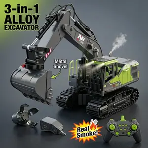 3-in-1 RC Excavator Toy for Kids, Metal Shovel/Drill/Claw Remote Control Construction Vehicle, 2.4GHz Tractor Toy with Realistic Smoke, Lights & Sounds, All-Terrain Crawler Gift for Boys