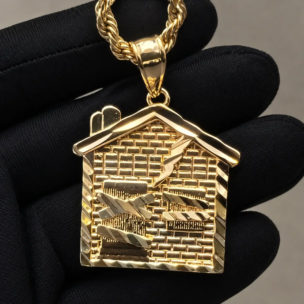 Men's Necklace Trap House Pendant Necklace 14K Gold Plated Religious Hip Hop Iced-out Bling Necklace Punk Fashion Rocker Jewelry for Women