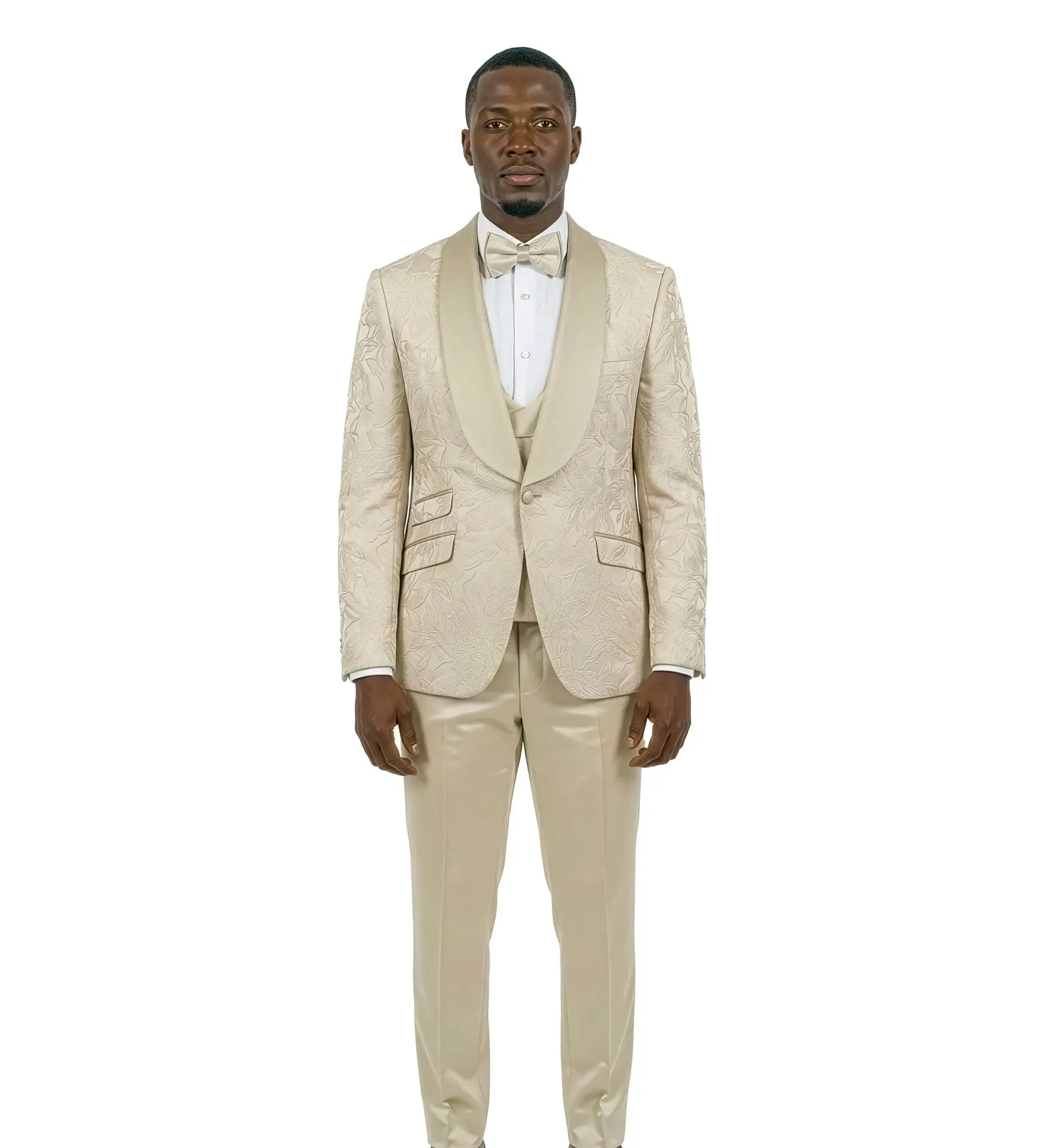 Champagne Floral Jacquard 3-Piece Tuxedo | Luxury Wedding Groom