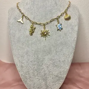Gold Filled Sea Themed Charm Necklace with Sun Lobster Mermaid Tail Clam and Sea Turtle Charms for Women