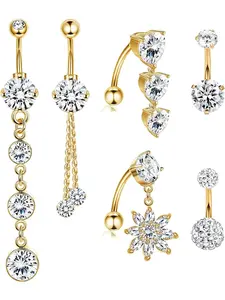 Glamorous 6 Pcs Golden Belly Button Rings Retro Surgical Steel Piercing Navel Rings for Women Men Cute Cubic Zirconia Navel Ring Piercing Long Dangle Short Reverse Belly Button Rings Set Body Jewelry Set