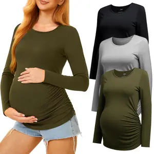 Maternity 3 Pack Shirts Long Sleeve Pregnancy Top for Women with Crew Neck Casual Tee Shirts