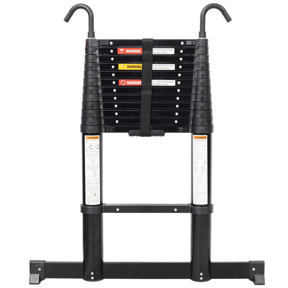 12.5FT Telescopic Ladder Aluminum Ladder with Non-Slip Feet and Stable Hook, Slow Down Safety Function With Stabilizer Portable Extension Ladder for Household and Outdoor Working, 330lb Capacity Black