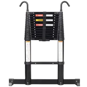 12.5FT Telescopic Ladder Aluminum Ladder with Non-Slip Feet and Stable Hook, Slow Down Safety Function With Stabilizer Portable Extension Ladder for Household and Outdoor Working, 330lb Capacity Black