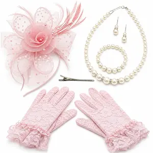 5pcs Elegant Fascinator Hat for Women, Fascinator Flower Mesh Ribbons Feathers Headband, Include Hair Clip, Gloves, Necklaces, Earrings, Bracelets, Vintage Costume Accessories, Tea Party Headwear for Women