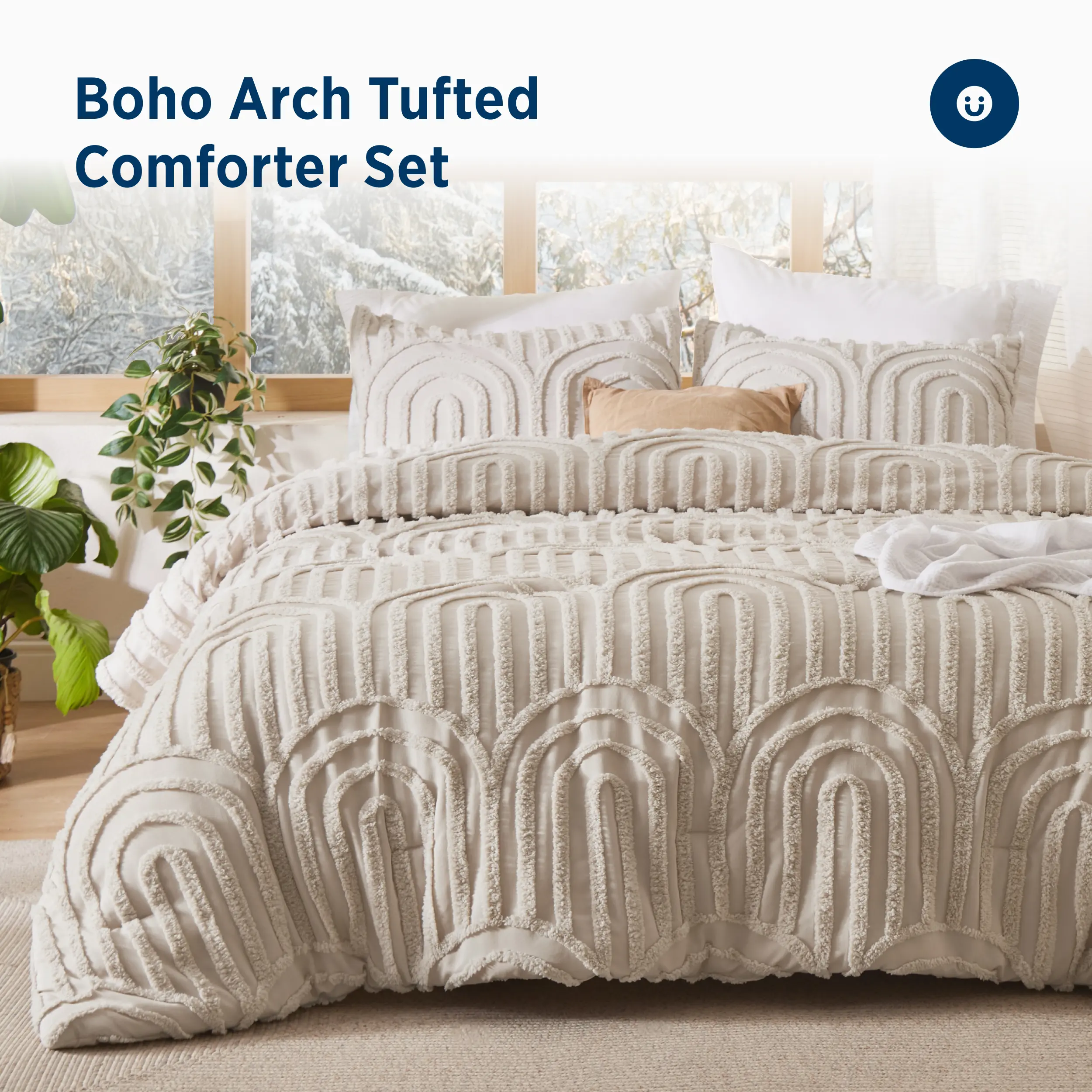 Bedsure Boho Arch Tufted Comforter Set - Beige Boho Bedding Comforter Sets, 3 Pieces Farmhouse Shabby Chic  Embroidery Bed Set, Soft Fluffy Cozy Arch Pattern Comforter for All Seasons