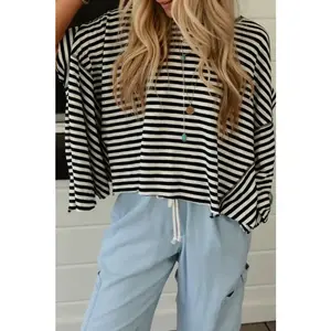 Cotton Black Striped Batwing Sleeve Oversized Top
