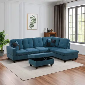 Blue Flannel 3-Piece Couch Living Room Sofa Set
