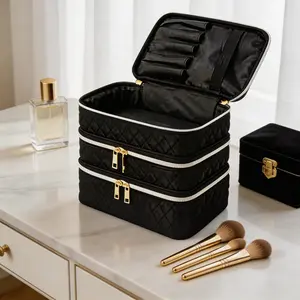 Women's Large Capacity 3-Layer Travel Makeup Bag, Portable Handheld Washbag, High-Value Cosmetic Storage, Makeup Organizer, Lightweight Zip Closure