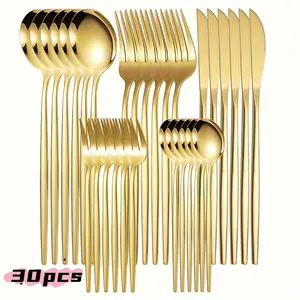 Stainless Steel Kitchen Set Cutlery, 30 Pcs/Set Including Knives, Forks, Dessert Forks, Spoons and Teaspoons, Dishwasher-Safe Utensil Set for Home, Restaurants and Hotels, Dinner Sets, Dinnerware Service Set