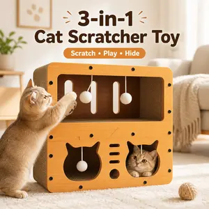 3-in-1 Multi-Level Cat Scratcher House with Hanging Ball Toys, Corrugated Cardboard Cat Bed & Hideout for Indoor Cats, Durable Cat Activity Center