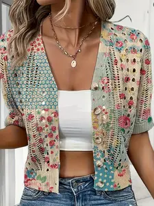 Boho Style Imitation Crochet Knit Cardigan, Ditsy Floral Print Short V Neck Outerwear, Fashionable Women's Sweater for Casual Wear