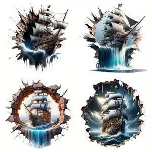 Pirate Ship Pattern Iron-on Heat Transfer Sticker, 4 Counts/set Cartoon Themed DIY Decals for T-shirts and Backpacks, Heat Press Patches