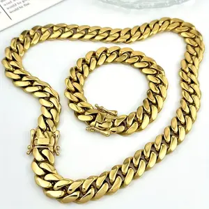 2 Pieces 8-14mm Cuban Chain Stainless Steel Thick Plated 18K Gold Plated New Button Men's Necklace Bracelet Set, Easy to Disassemble Fashion Necklace Gift