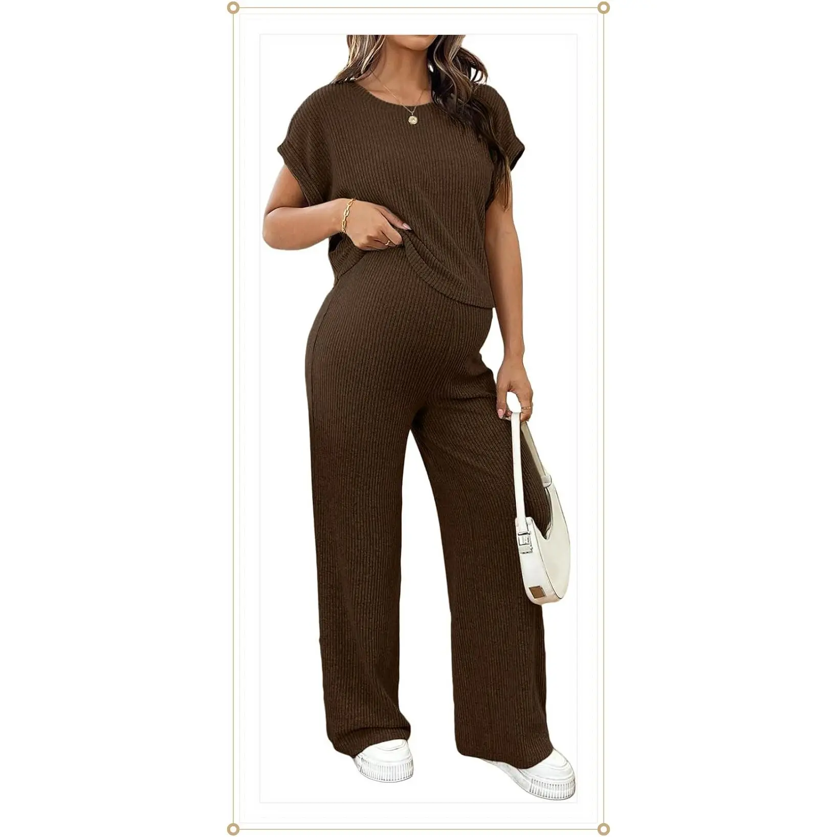 BLENCOT Maternity Clothes Ribbed Short Sleeve Maternity Pajamas Sets Sleepwear Lounge 2 Piece Matching Outfits SetGift