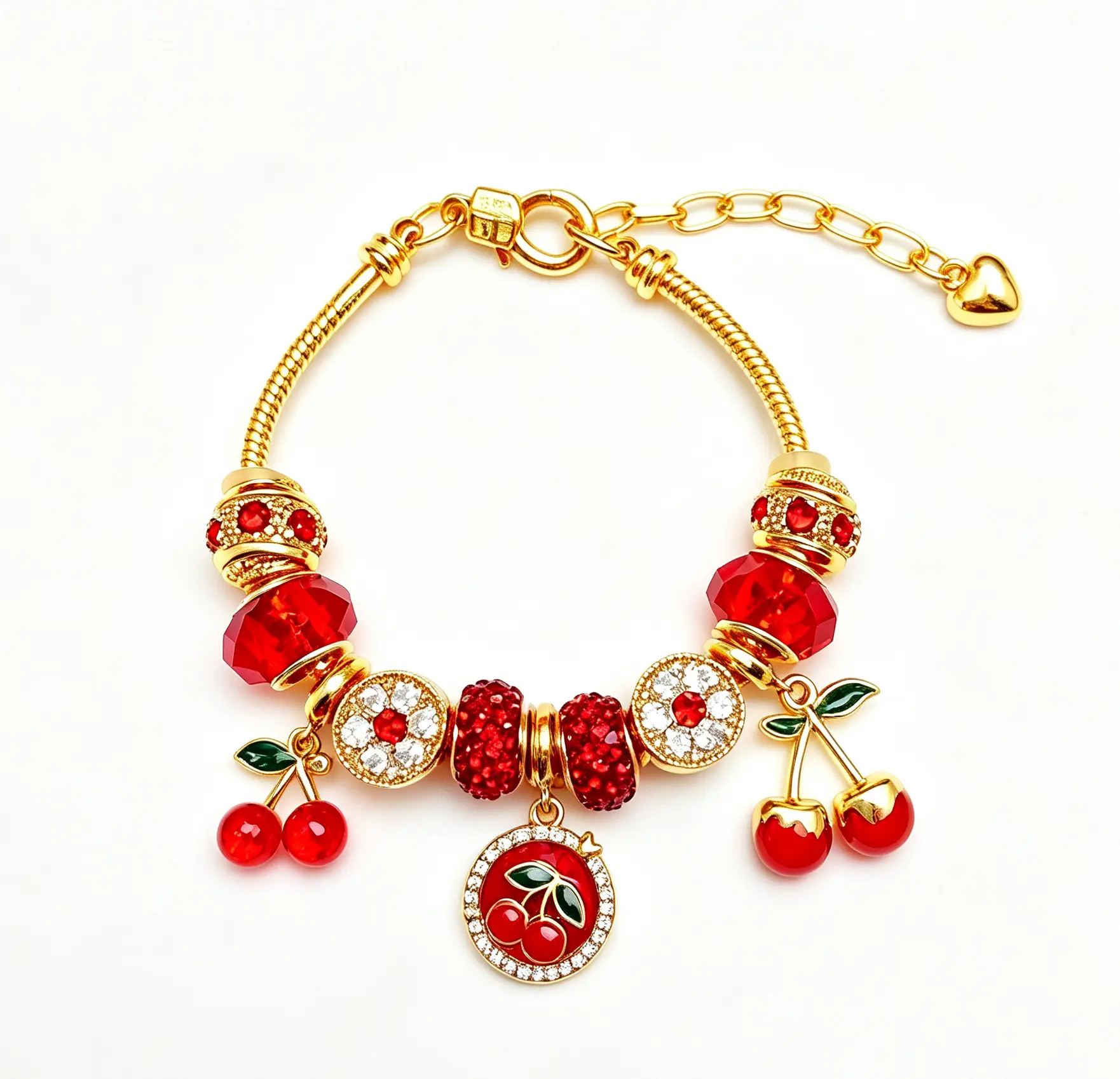Gold Tone Cherry Charm Bracelet, Red Crystal Beaded Snake Chain Bracelet， Jewelry Gift for Women Girls
