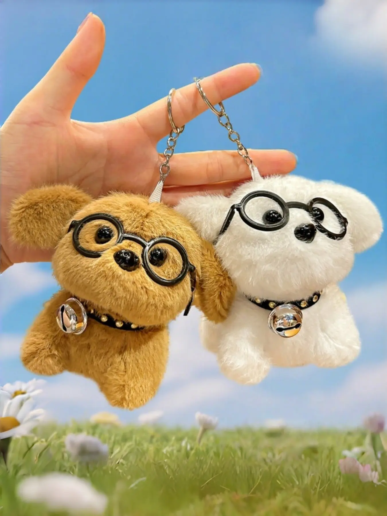 2pcs Cute Puppy Plush Keychains, Soft Fluffy with Glasses Bell Collar, Portable Bag Charm, Keychain for Purse, Key Charms, Matching Keychains, Gift for Girls, Teens, Kids, Couples