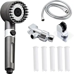 High Pressure Shower Head, High Power Shower Head and Hose Set with 4 Filters, 59‘’ Hose & Bracket, 4 Spray Modes & Pause Switch, Hard Water Filtered Showerhead with Handheld, Gray