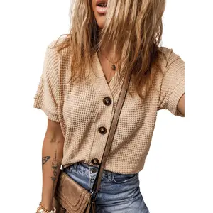 Dokotoo Womens Summer Tops 2026 Waffle Knit Button Down Shirts Casual V Neck Short Sleeve Shacket Jacket Dressy Blouses