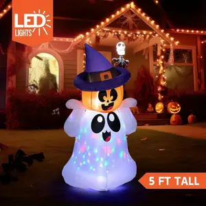 5ft Tall Halloween Inflatable Outdoor Decor, Blow Up Yard Decoration with Colorful LEDs, Inflatable with Pumpkin Witch Hat for Outdoor Decoration, Halloween Props, Large Halloween Decorations, Halloween Party Decorations, Halloween Decor Ou