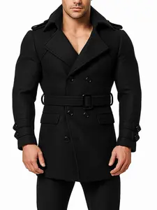 Men's Solid Color Long Sleeve Windbreaker Jacket, Casual Fitted Waist Belt Design Coat for Fall & Winter, Men's Fashion Outerwear, Double Breasted Jacket