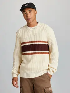 Huxley Colorblock Crew Sweater Men's Casual Knit Pullover with Wide Stripe Design and Ribbed Trim Long Sleeve Fitted Winter Sweater