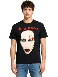 Men's Marilyn Manson Graphic T-Shirt Black Cotton Red Lips Print Round Neck Short Sleeves Loose Fit All-Season Wear