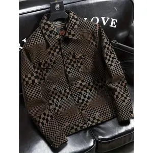 Men's Casual Checkerboard Pattern PU Leather Button Up Lapel Jacket