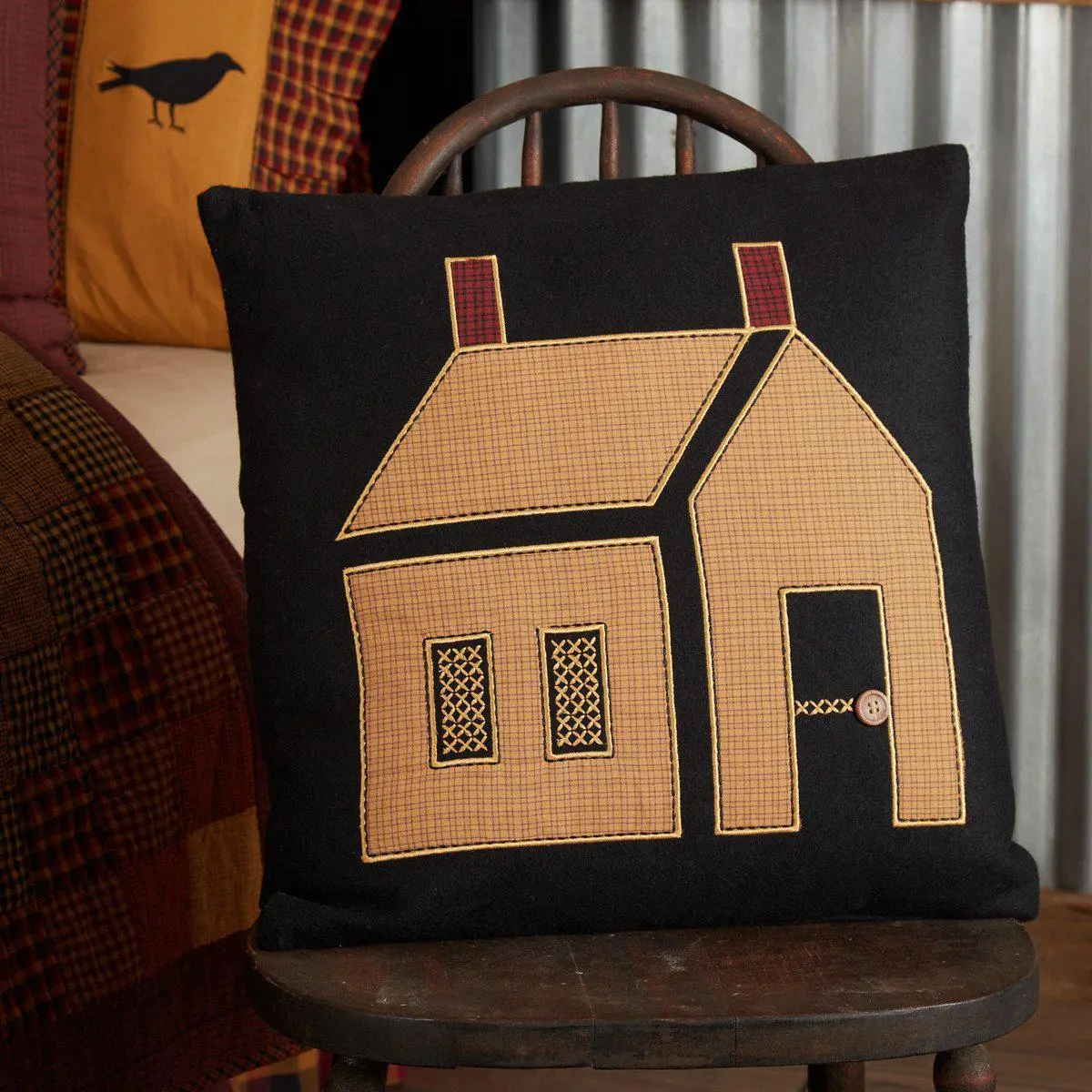 Heirloom Farm Primitive House Pillow, Black Felt Pillow with Chimneys, Wooden Button, Raven Accent and Cross Stitching, Room Decor