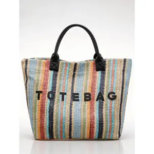 2026 Spring Summer Korean Style Rainbow Striped Woven Tote Bag Bohemian Straw Bag Large Capacity Commuter Versatile Small Shoulder Handbag Ins Fashion Straw Boho Bag