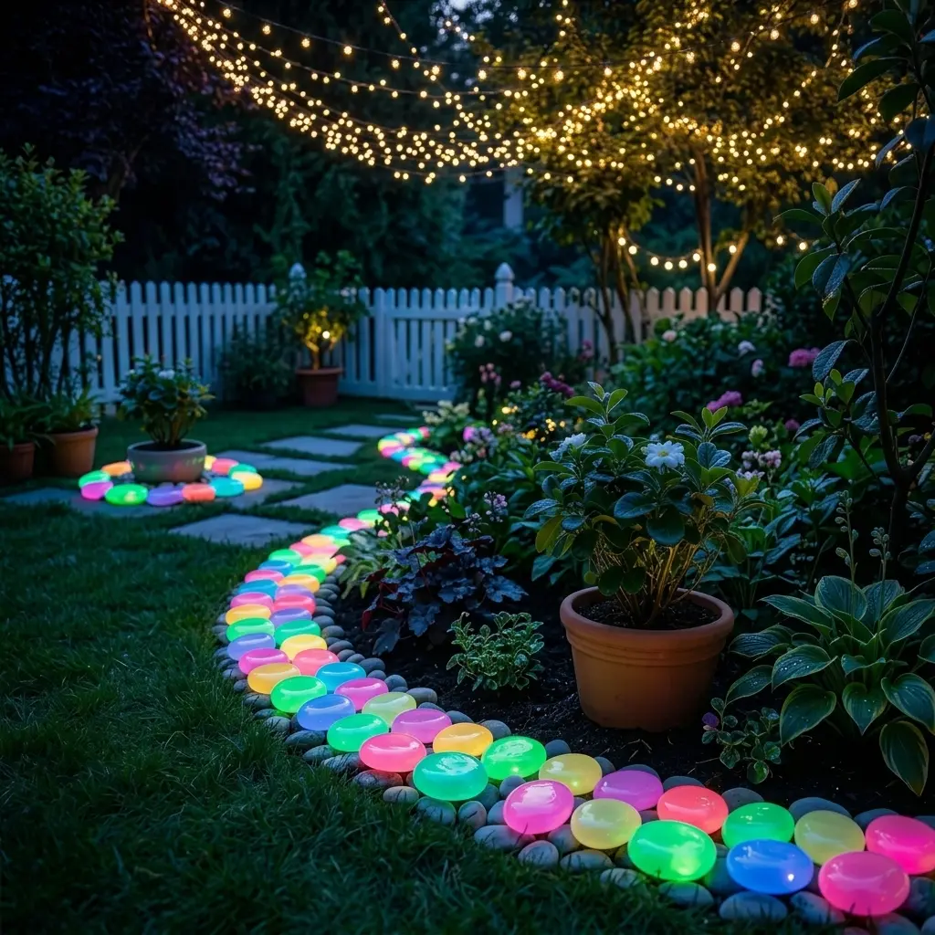 Outdoor Glowing Decorative Stones - Whimsical Mystical Pebbles Pathway Light, Adjustable Garden Landscaping Decor with Lotus, Bell Rain Chain, Witch, Moon, Stained Glass Hanging Accents for Walkways, Potted Plants
