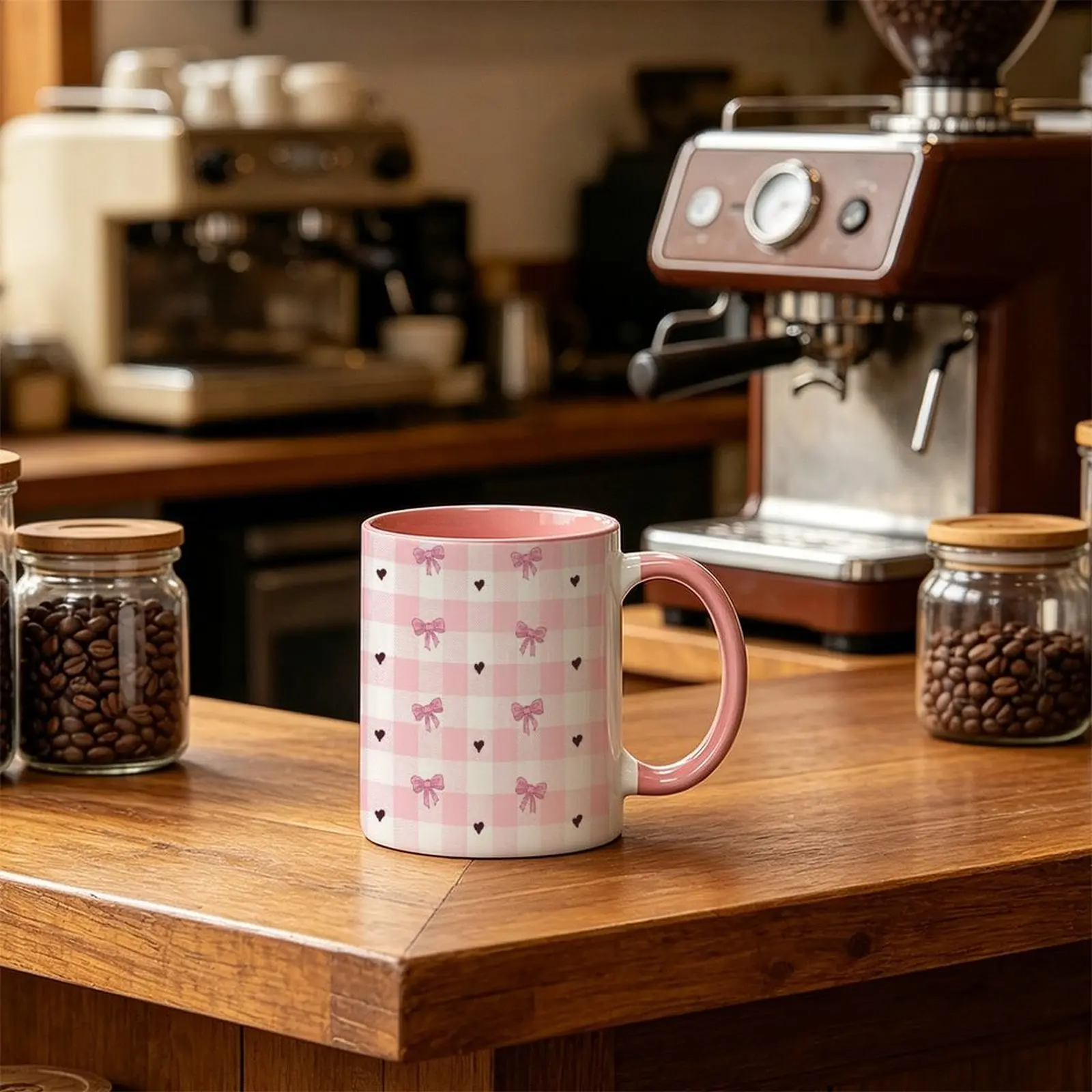 Coquette Pink Bow Ceramic Mug - Girly Checkered Drinkware with Handle, 0-500ml Non-Customised Kitchenware, Gift Ideas for Her, Daily Coffee Enjoyment Item, Soft Girl