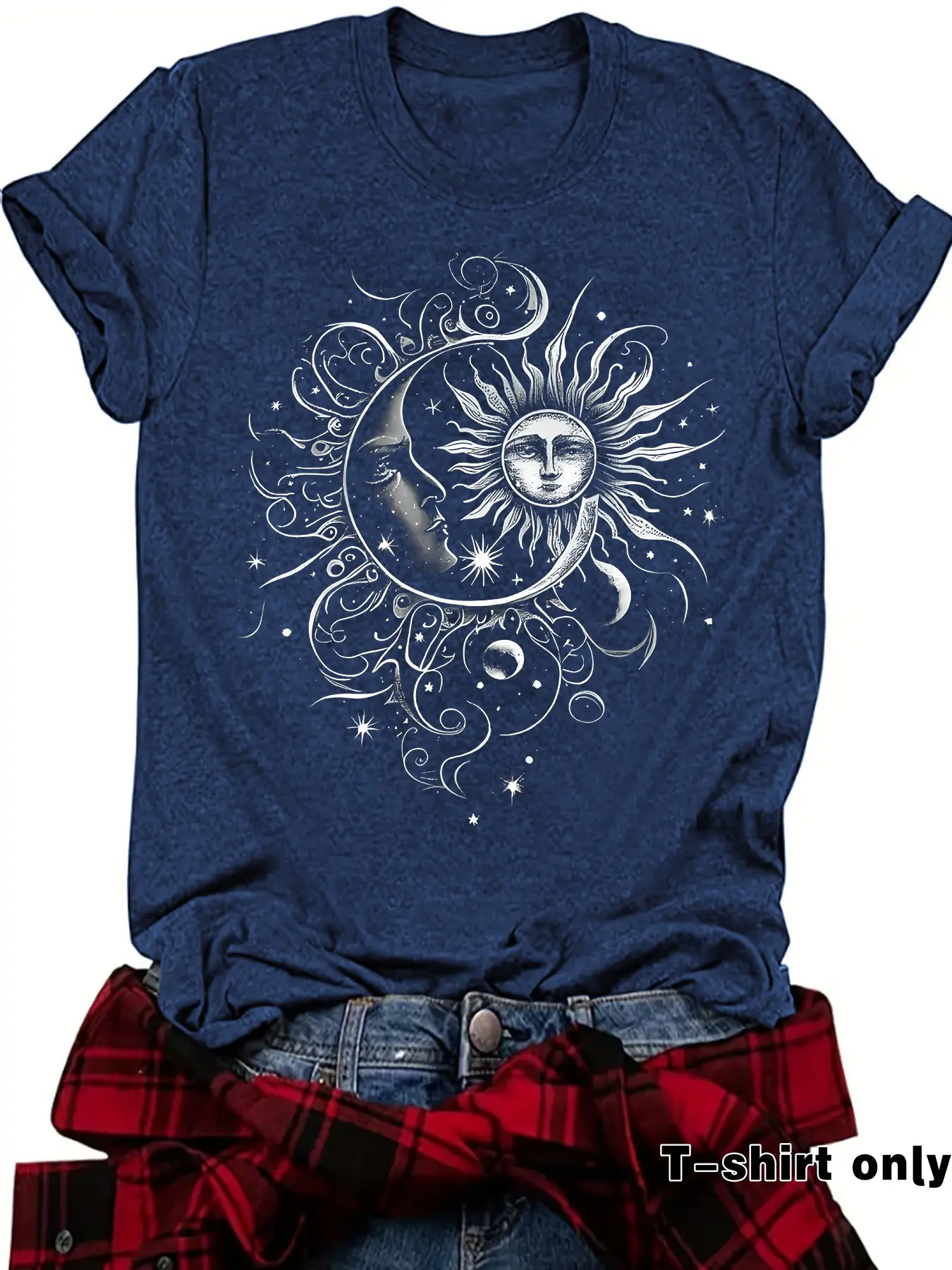 Stylish Vintage Women's Summer T-Shirt with Artistic Sun and Moon Print, Relaxed Fit Casual Top, Comfortable Breathable Fabric in S-Xxl