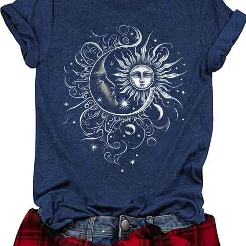 Stylish Vintage Women's Summer T-Shirt Round Neck with Artistic Sun and Moon Print, Relaxed Fit Casual Top, Comfortable Breathable Fabric in S-Xxl