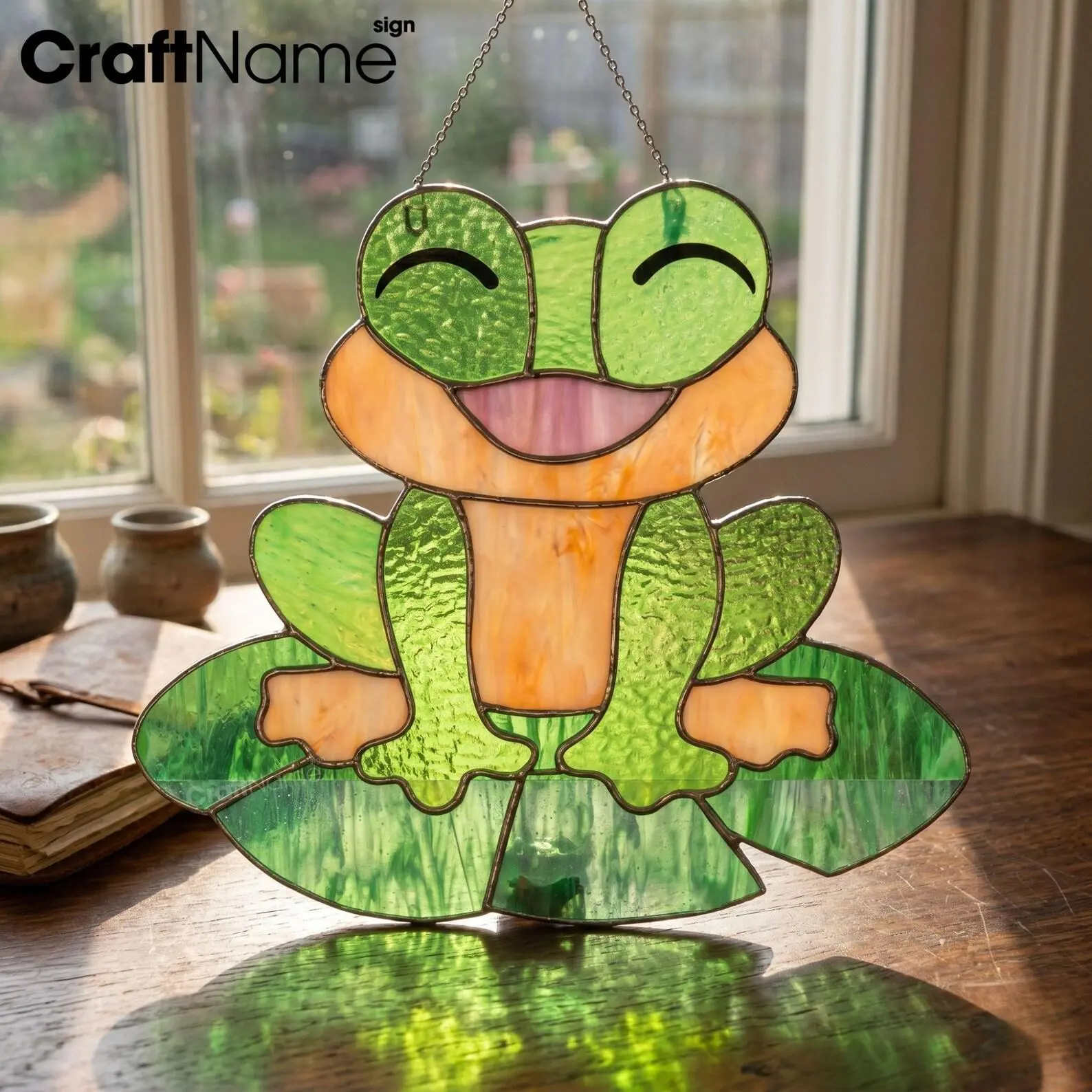 CraftNameSign Traditional Tin Frog Stained Glass Suncatcher Artwork, Cute Lily Pad Window Hanging, Pond Animal Home Decoration, Frog Lover Gift, 8-20 in