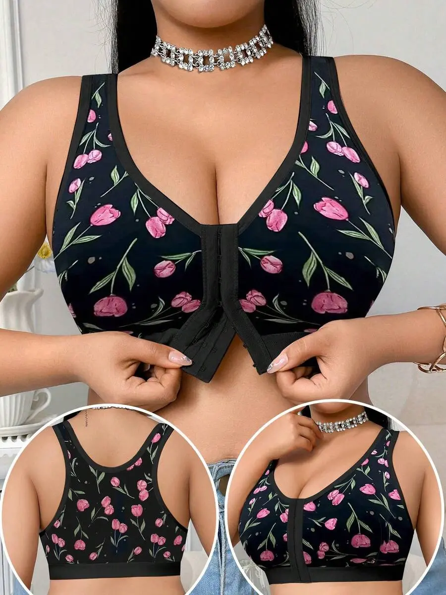 Plus Size Wireless Printed Front Closure Bra