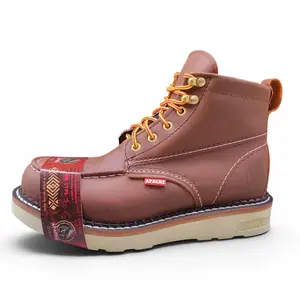 Bota de trabajo de hombre punta suave piel genuina de alta calidad / Apache 6” Dark Brown Wedge Moc Toe Work Boots for Men , Premium Full-Grain Leather