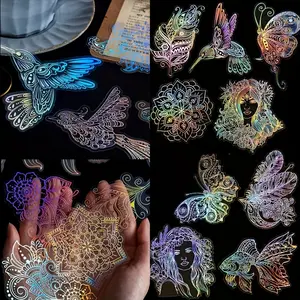 80PCS Holographic Laser Stickers, Transparent Silvery Hot Stamping, Retro DIY Decoration, Sparkling Creative Handmade Account, PET Sticker Bag