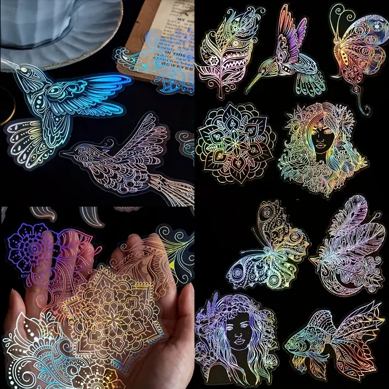 80PCS Holographic Laser Stickers, Transparent Silvery Hot Stamping, Retro DIY Decoration, Sparkling Creative Handmade Account, PET Sticker Bag
