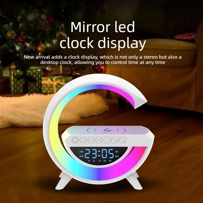 Multifunctional Atmosphere Night Light with Bluetooth Speaker Alarm Clock & Wireless Charger for Bedroom Bedside Speaker Ideal for Students Men