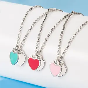 Love Necklace Women's Titanium Steel Enamel Double Heart Pendant Collar Chain Blue Pink Light Luxury Simple Necklace Jewelry Female Anniversary Auspicious Birthday Daily Engagement Metal Coating