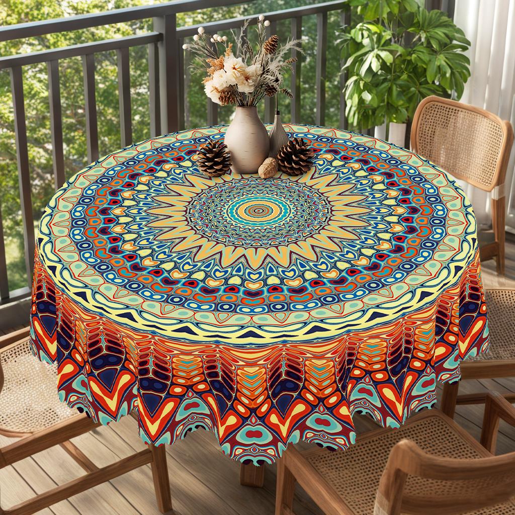 PLUMLIK Vibrant Boho Tablecloth, Colorful Retro Bohemian Round Rectangle Tablecloth, Exotic Style Decoration for Outdoor Indoor, Suitable for  Farmhouse Courtyard Thanksgiving Day Christmas Party, Daily Holiday Kitchen Restaurants, Home Dorm Accessories