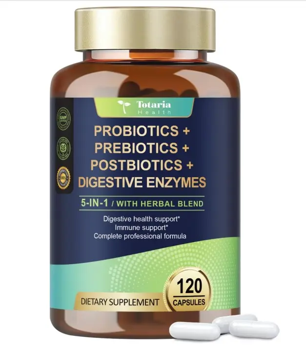 Totaria 5-in-1 Probiotic Prebiotic & Postbiotic for Women Men, 60 Billion CFU 24 Strains w/Digestive Enzymes, Prebiotic Fiber, Slippery Elm, Daily Complete Immune, Gut Health, 120 Day Supply