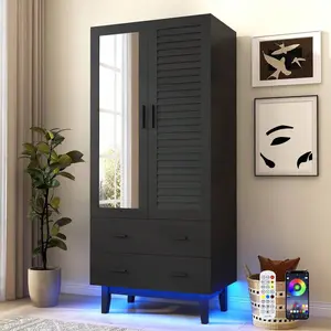 2‑Door Armoire Wardrobe Closet with Drawers & USB‑Powered LED Lights, Multi‑Tier Shelves, Hanging Rod & 2 Louver Doors, Large Capacity Storage Cabinet for Bedroom