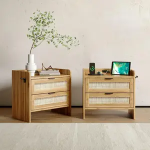 Rattan Nightstand Set of 2, Bedside Table with Type-C Charging Station - 2 Storage Drawer Space, Boho End Table Side Table for Bedroom Office, Large Night Stand with Charging Port