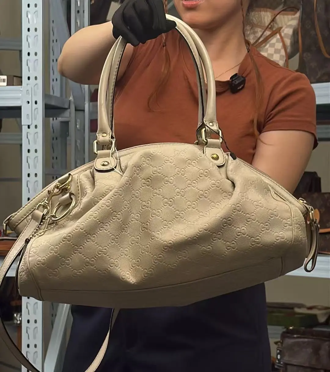 Pre-owned GUCCI leather Crossbody Bags Sukey Medium Shell Dumpling Boston Bag Off White Guccissima 2 Way Handbag #35183923484195788